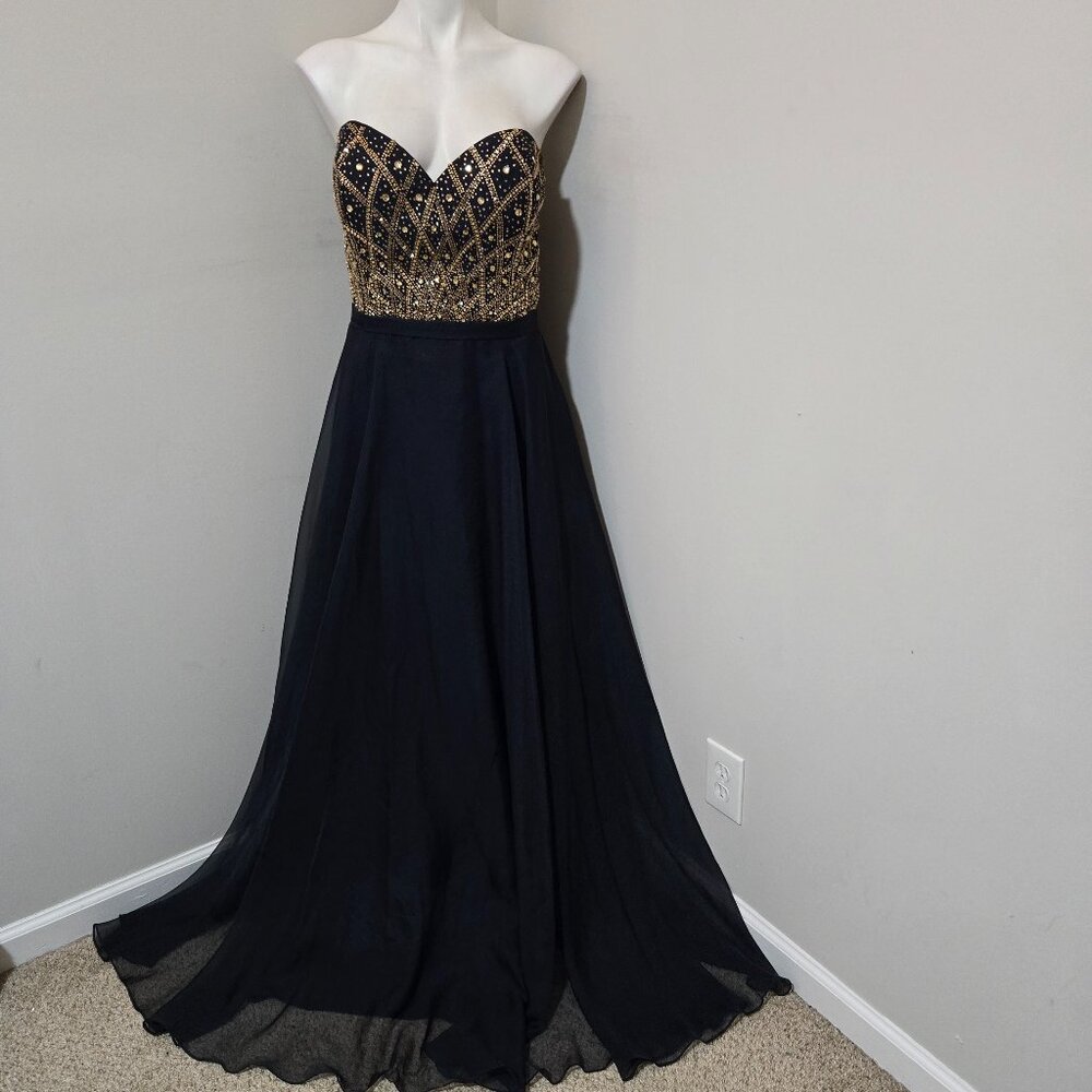 Sz 18 Alyce Paris 6573 Navy Chiffon Strapless Sweetheart Gown Gold Citrine Stone - Picture 3 of 12